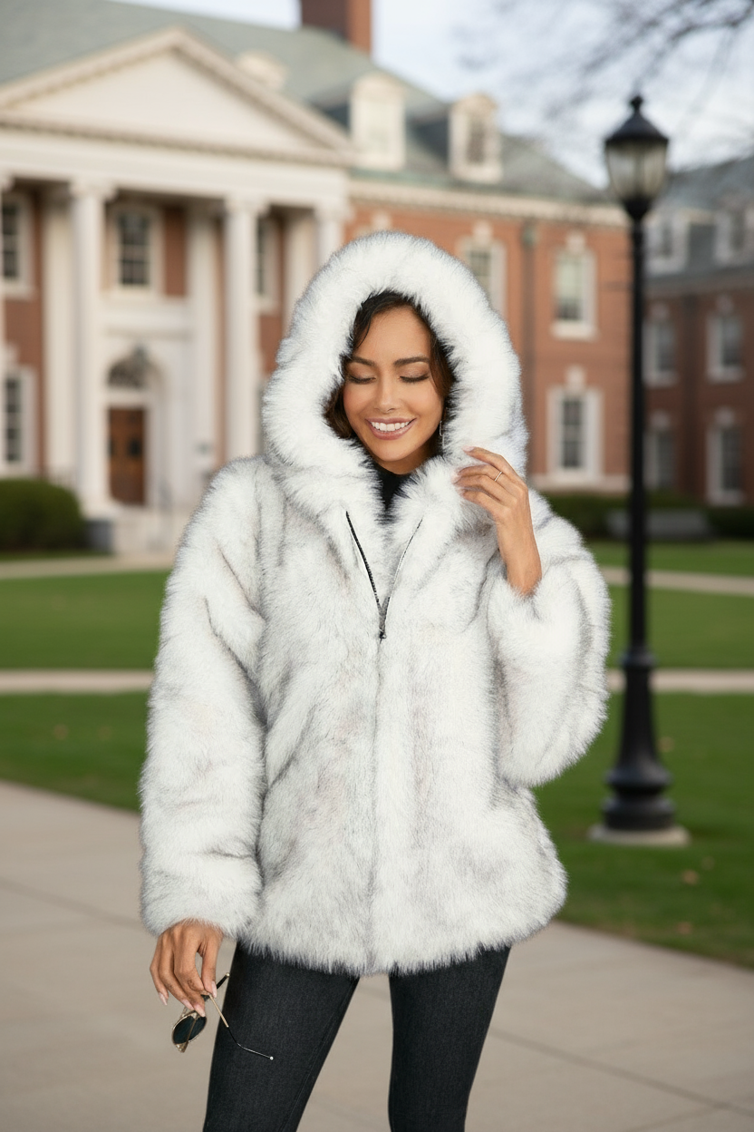 Faux Fur Hooded Coat – Solid Color Short Collar Loose Fit Winter Jacket | USA & Canada