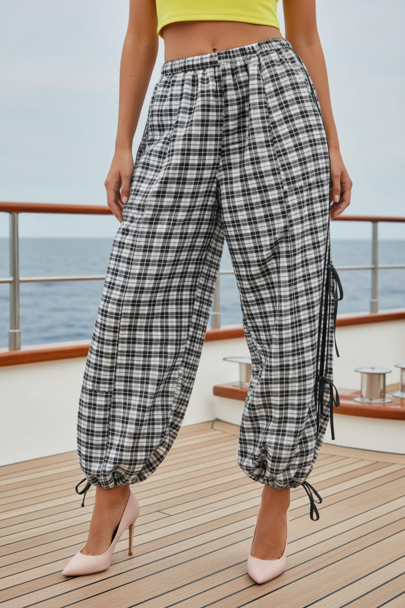 SO ME Plaid Balloon Pants for Women – Elastic Waist Relaxed Fit Streetwear Trousers – Comfy & Stylish – Free Shipping USA & Canada