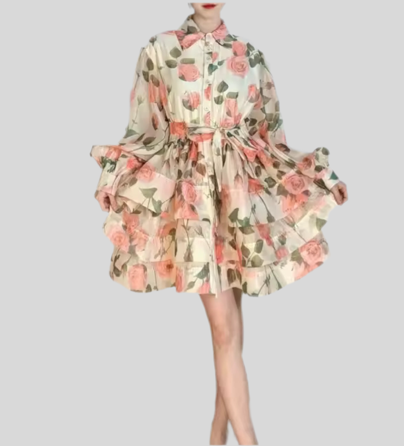 Retro Lace Up Waist Trimming Printing Ruffled Tiered Dress Short Shirt Legant Jumpsuit