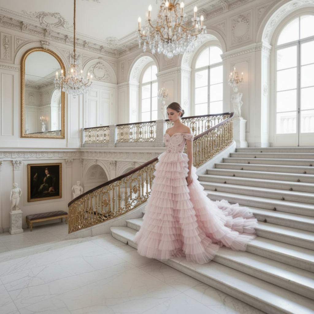 One line Shoulder Wrapped Chest Princess Studded Beaded Cake Skirt Pink Wedding Dress