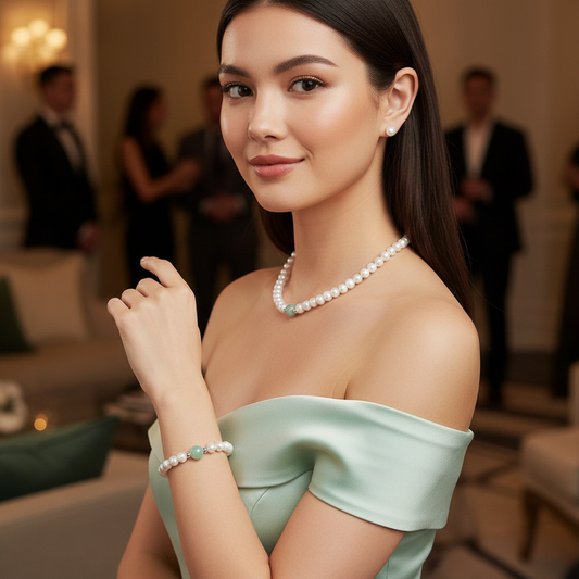 Natural Freshwater Pearl Necklace & Green Jade Jewelry Set – Elegant Handmade Luxury, Vintage-Inspired Wedding & Special Occasion Jewelry