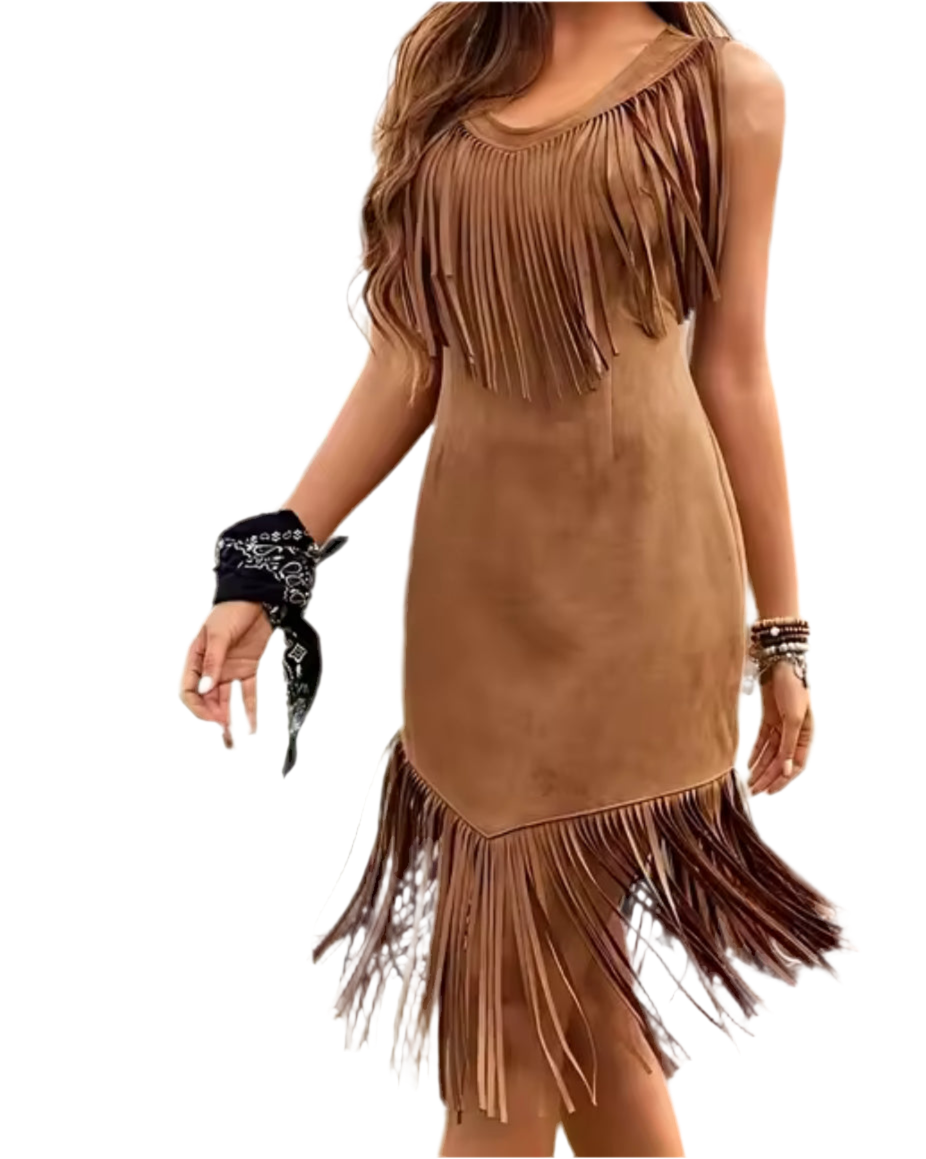 Women's Western Suede Fringe Dress – Boho Chic Vacation Outfit for Canadian Fashionistas