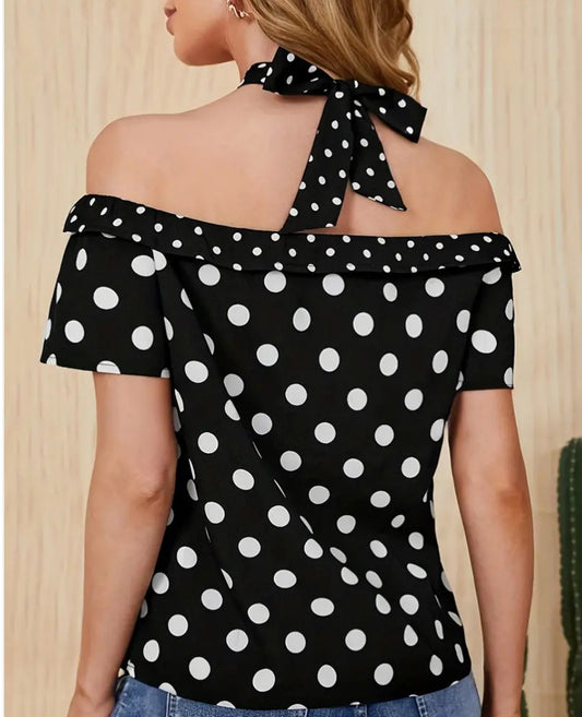Polka Dot Off-shoulder Ribbon Halter Shirt Top For Women