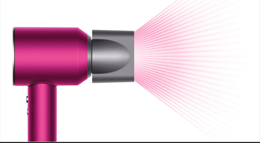 The Dyson Supersonic hair dryer shown in the image (Fuchsia/Nickel color)