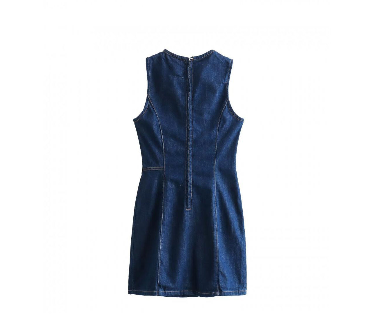 French Slim Fit Sleeveless Denim Dress – Elegant Round Neck Jean Dress for Women