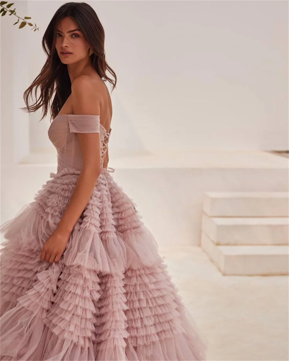 Cathy Elegant Off Shoulder Tulle Prom Dress – Long Train Ball Gown Mesh Layered Evening Dress