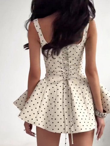 Celebrity inspired Polka Dot Strapless Waist Mini Dress