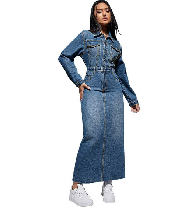 Elevate Your Wardrobe with Our Women's Long Sleeve Lapel Button Split Long Dress in Denim