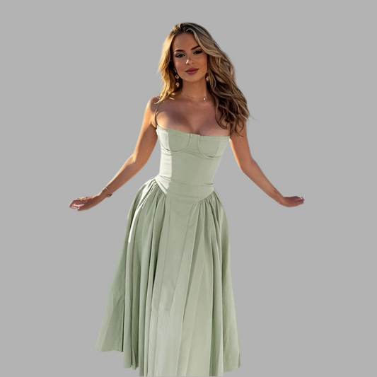 Pistachio Green Off-Shoulder Pleated Dress – Elegant & Versatile Statement Wear for Women in Canada
