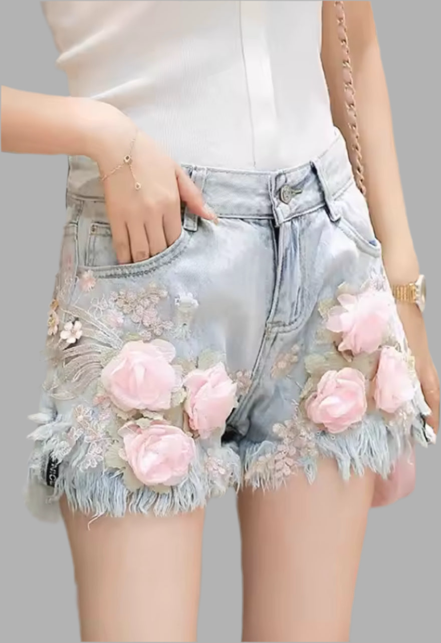 Embroidered Beaded Loose Straight Denim Shorts – Stylish Summer Look for Women
