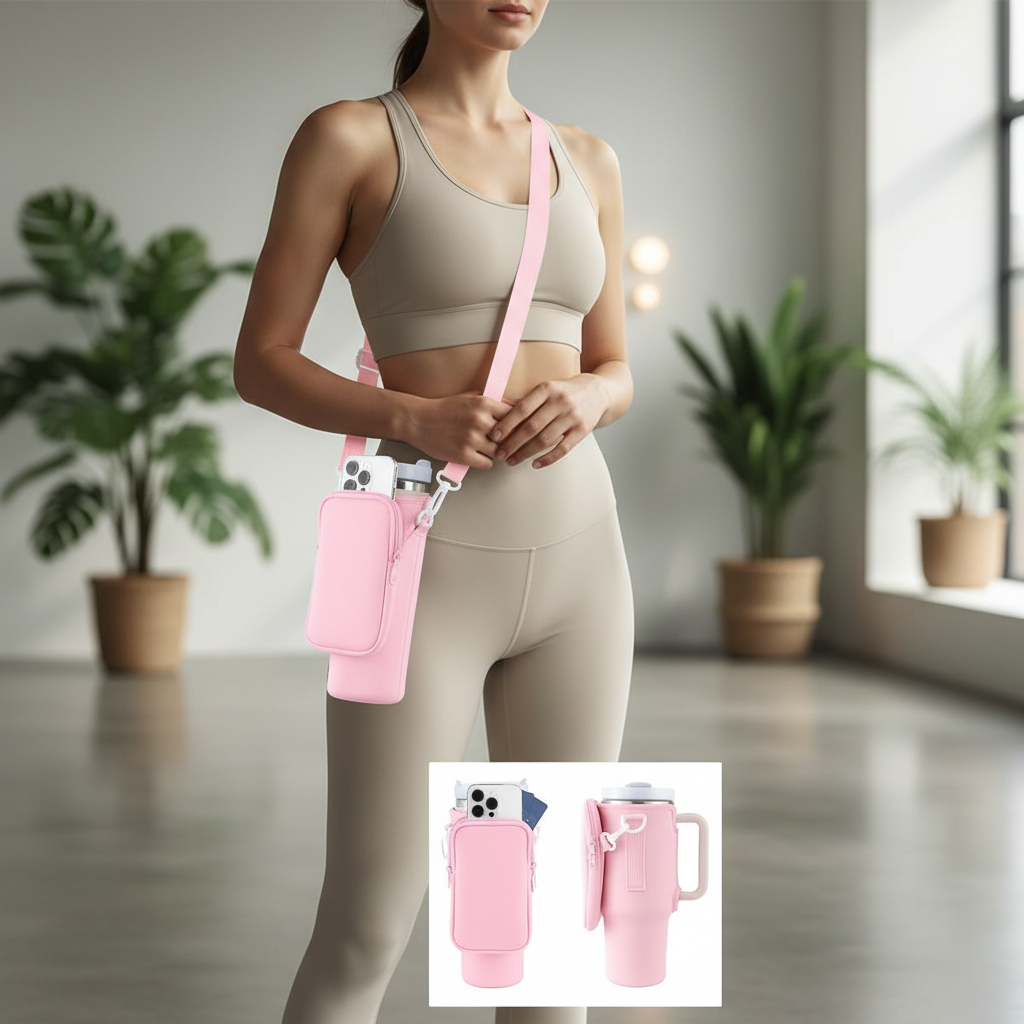 Exclusive  40oz Tumbler Water Bottle Carrier Bag – Adjustable Strap Bottle Holder for Hiking, Travel, Outdoor Sports – Fits with Handle – Blue Purple – Free Shipping USA & Canada
