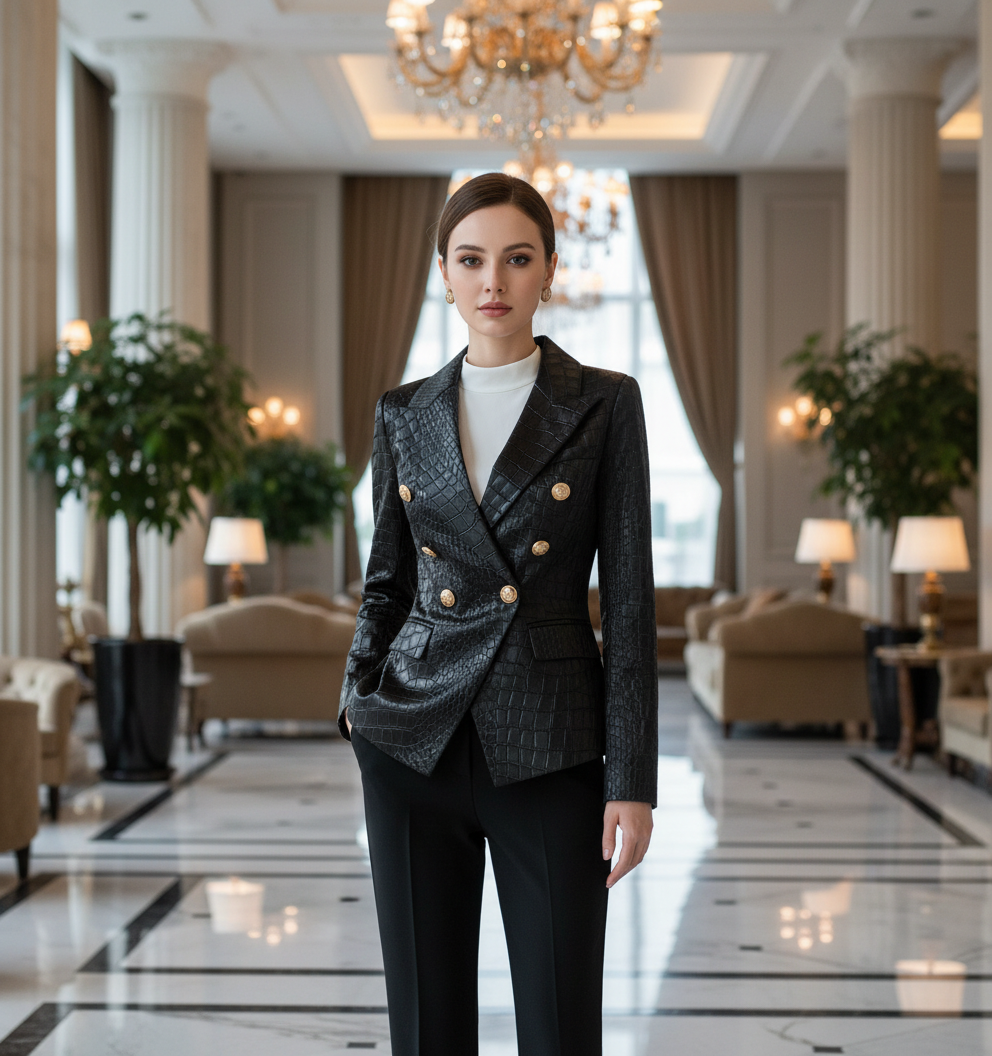 Vegan Crocodile Leather Slim-Fit Waist-Tight Jacket – European & American Style Metal Buckle Suit Coat for Women