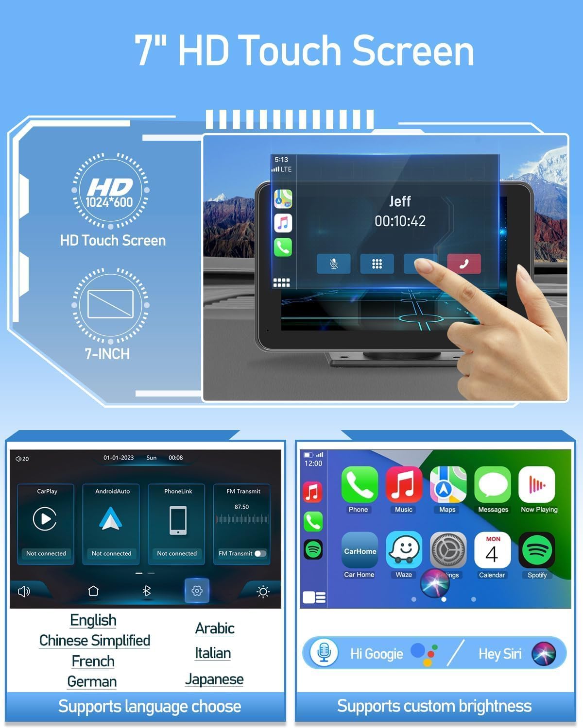 Portable Wireless CarPlay Screen for Car, 7 Inch Double Din Car Stereo for Apple CarPlay & Android Auto, Multimedia Player with Backup Camera, Mirror Link, Navigation Screen for All Vehicles