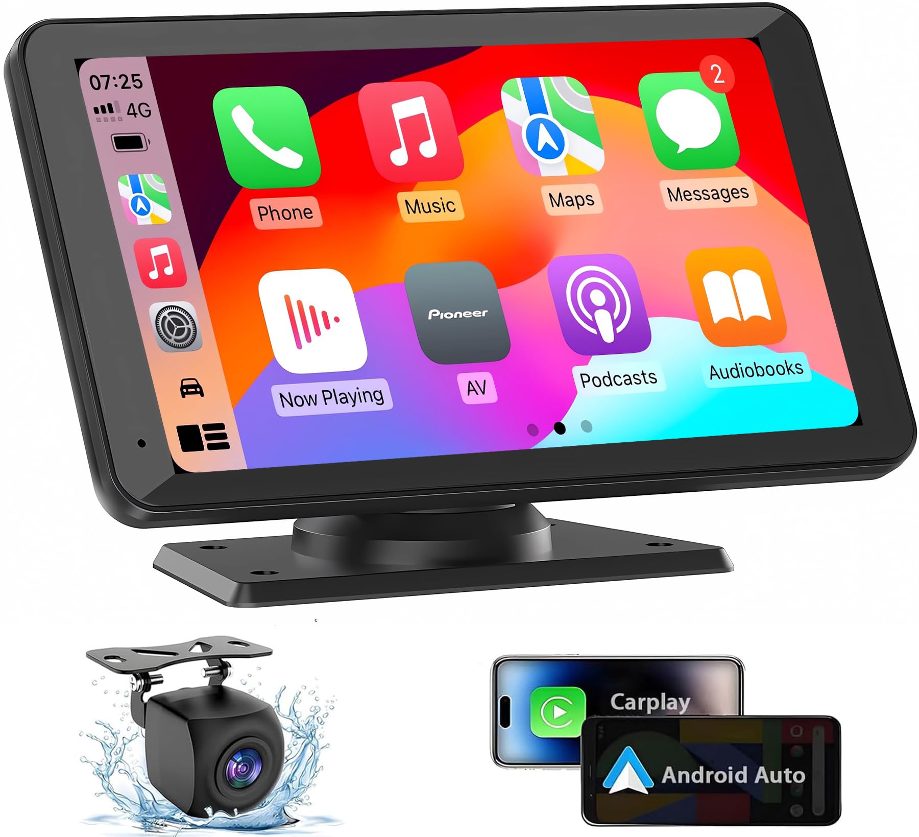 Portable Wireless CarPlay Screen for Car, 7 Inch Double Din Car Stereo for Apple CarPlay & Android Auto, Multimedia Player with Backup Camera, Mirror Link, Navigation Screen for All Vehicles