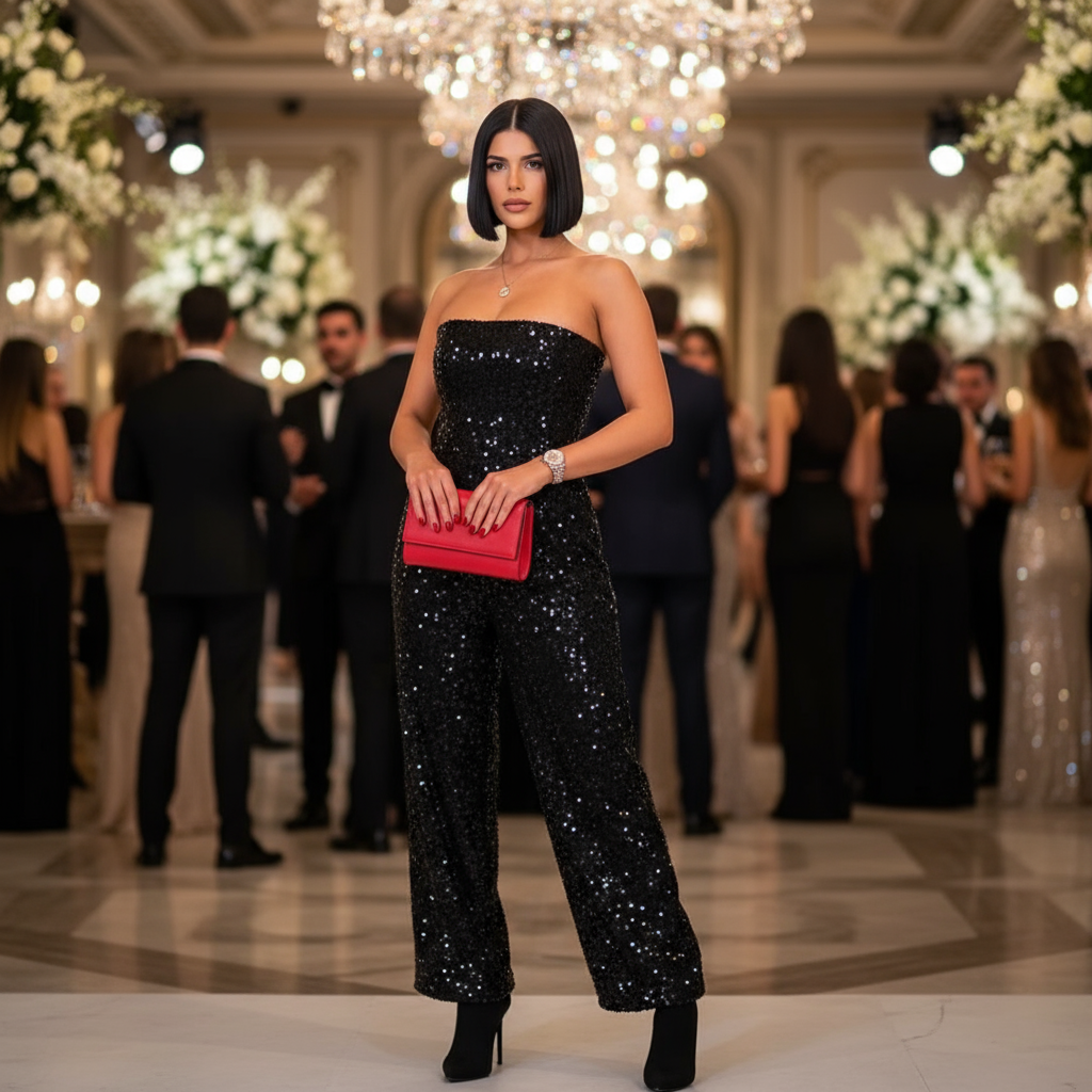 Denim Sequin Tube Top & Wide Leg Pants Set – Trendy 2-Piece Outfit for Canadian Fashionistas