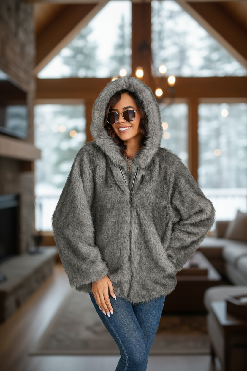 Faux Fur Hooded Coat – Solid Color Short Collar Loose Fit Winter Jacket | USA & Canada