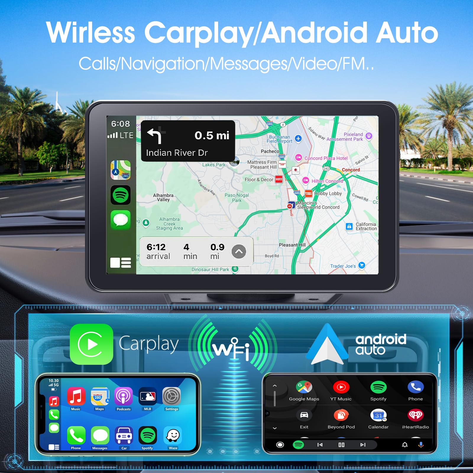 Portable Wireless CarPlay Screen for Car, 7 Inch Double Din Car Stereo for Apple CarPlay & Android Auto, Multimedia Player with Backup Camera, Mirror Link, Navigation Screen for All Vehicles