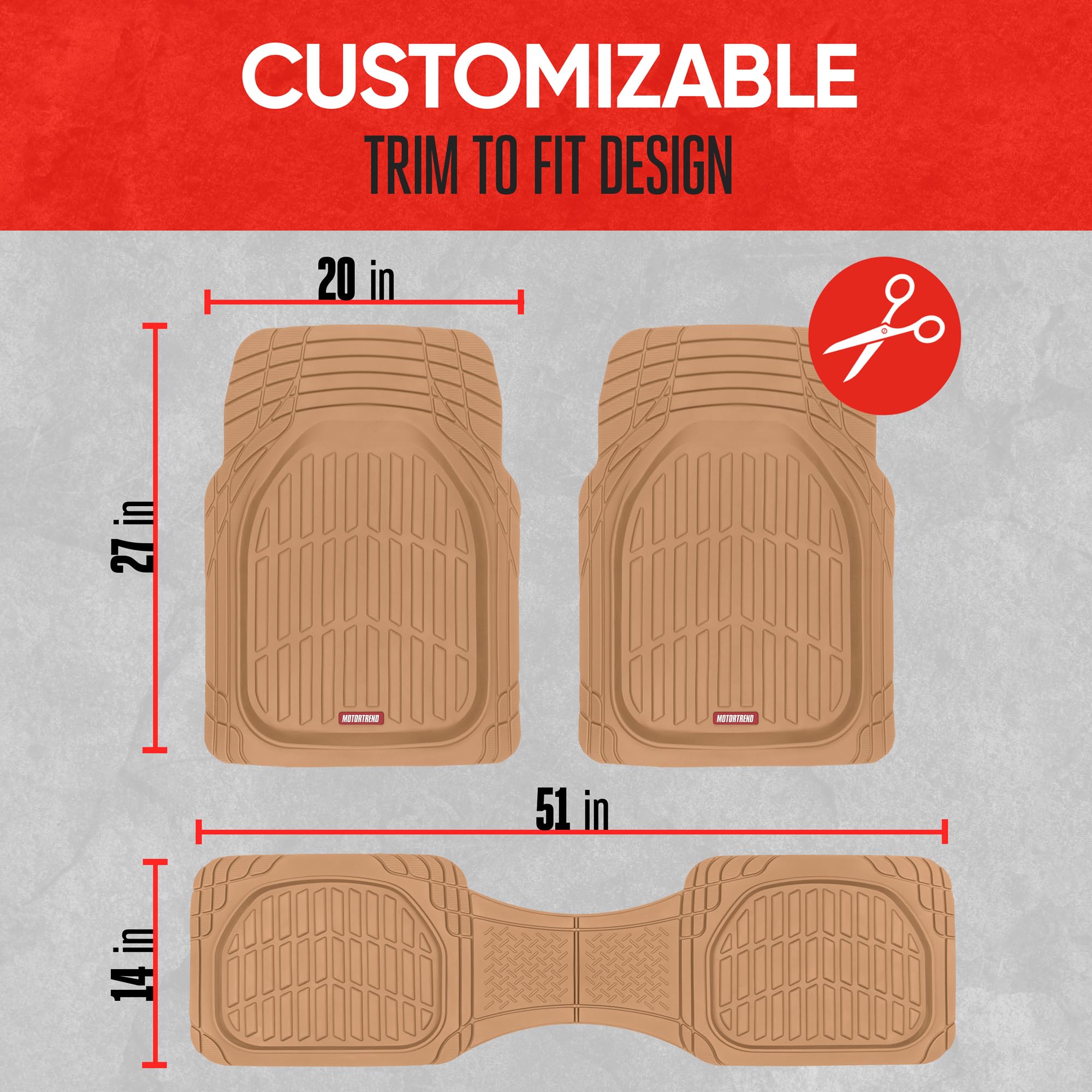 Motor Trend FlexTough Floor Mats for Cars, Deep Dish All-Weather Mats, Waterproof Trim-To Fit Automotive Floor Mats for Cars Trucks SUV, Universal Floor Liner Car Accessories, Black, Full Set