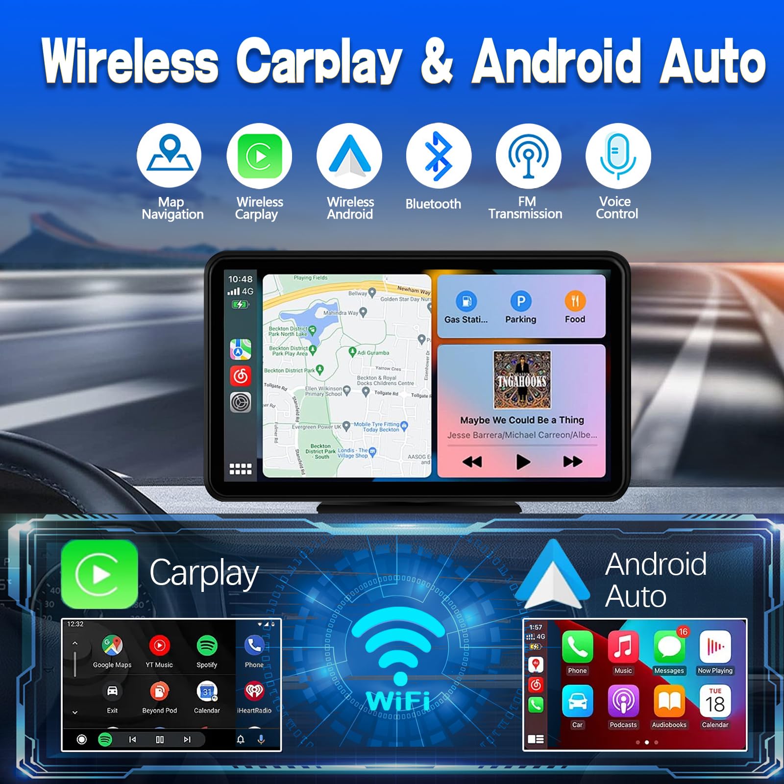 Portable Wireless CarPlay Screen for Car, 7 Inch Double Din Car Stereo for Apple CarPlay & Android Auto, Multimedia Player with Backup Camera, Mirror Link, Navigation Screen for All Vehicles