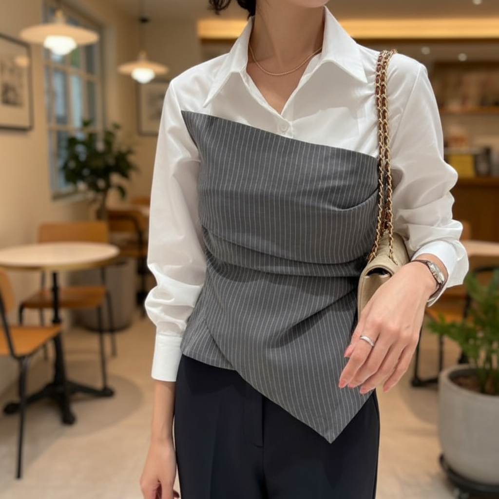 Korean Style Acrylic Casual Shirt for  Women – Long Sleeve Japanese Streetwear, Gray & Blue