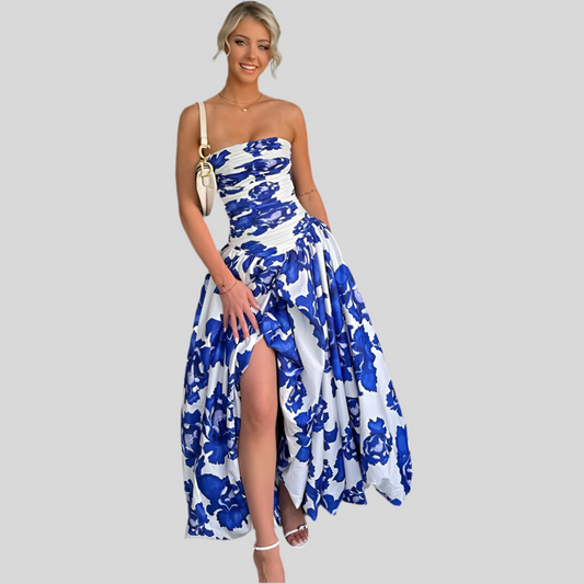 Casual Tube Top Printed Dress - Chinese Blue Pottery Floral Design | Boho Chic Summer Dress | Free Shipping Canada