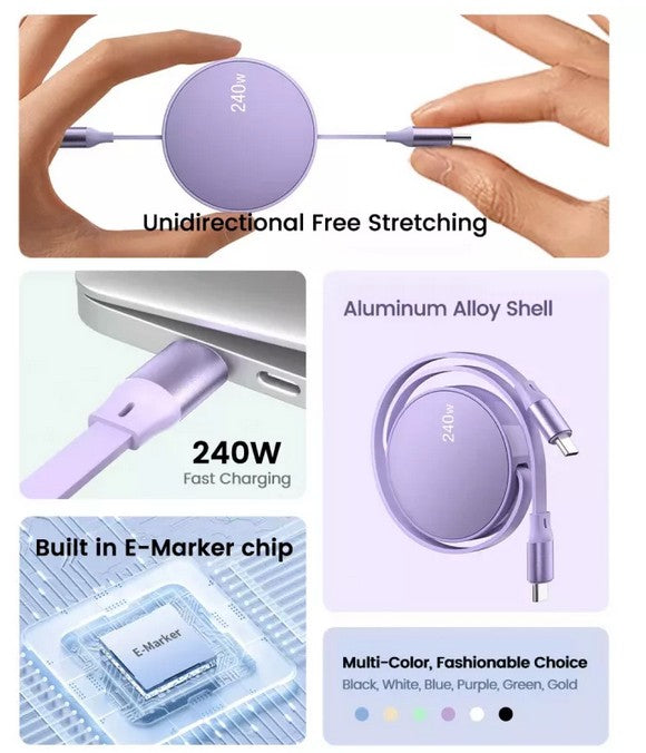 Retractable USB Type-C to Type-C Fast Charging Cable 240W