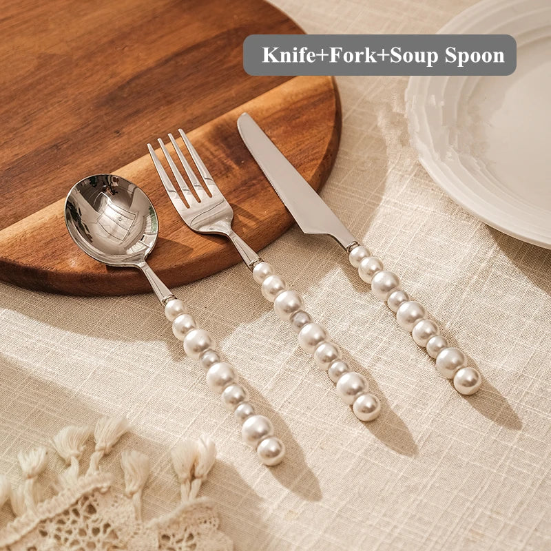 Trendy European Silver Fashion Pearl Cutlery Set 18/10 Stainless Steel Creativity Gift Flatware , Knife Fork Spoon, high quality