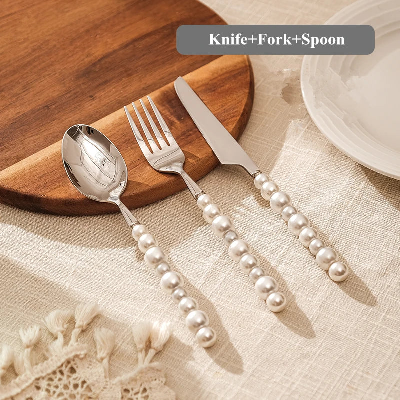 Trendy European Silver Fashion Pearl Cutlery Set 18/10 Stainless Steel Creativity Gift Flatware , Knife Fork Spoon, high quality