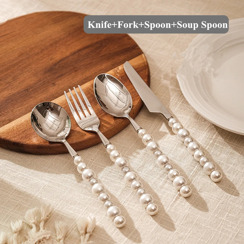 Trendy European Silver Fashion Pearl Cutlery Set 18/10 Stainless Steel Creativity Gift Flatware , Knife Fork Spoon, high quality