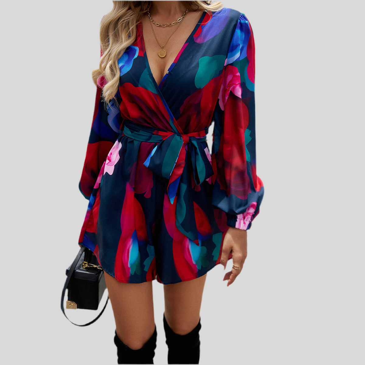 Lady Temperamental Printed High Waist Overalls – Stylish Contrast Long Sleeve Jumpsuit | Boho Chic & Comfortable 🇨🇦