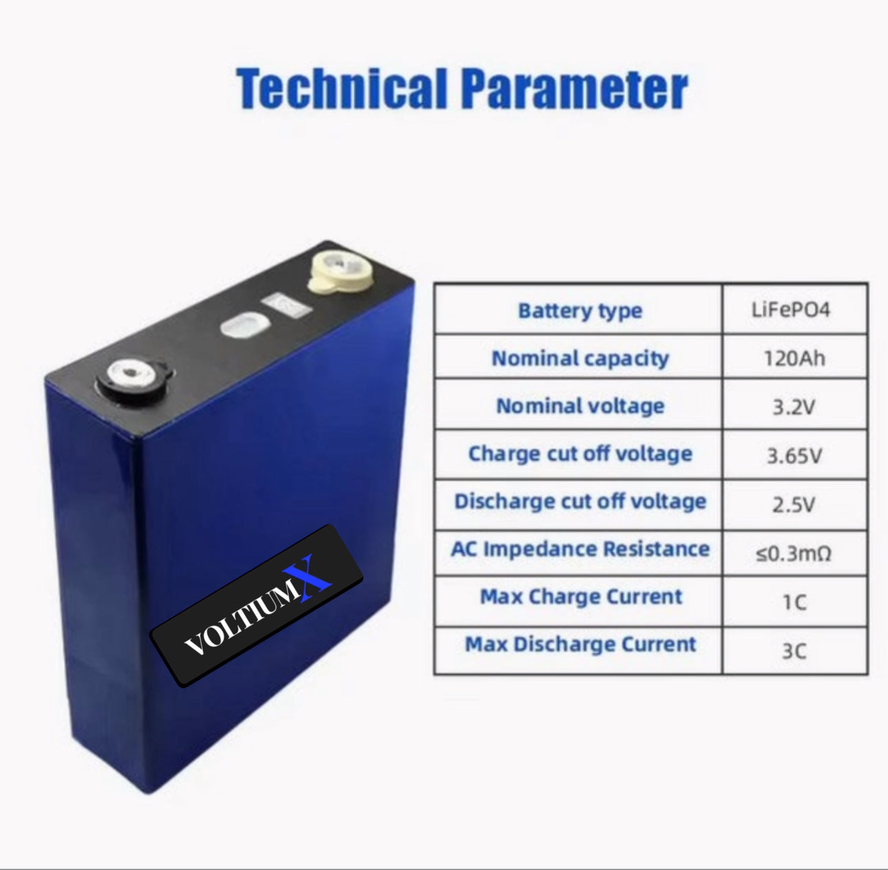 VoltiumX LiFePO4 3.2V 120ah Lithium Chargeable Battery Prismatic Cell Storage System Lithium Ion Battery for Solar Panel