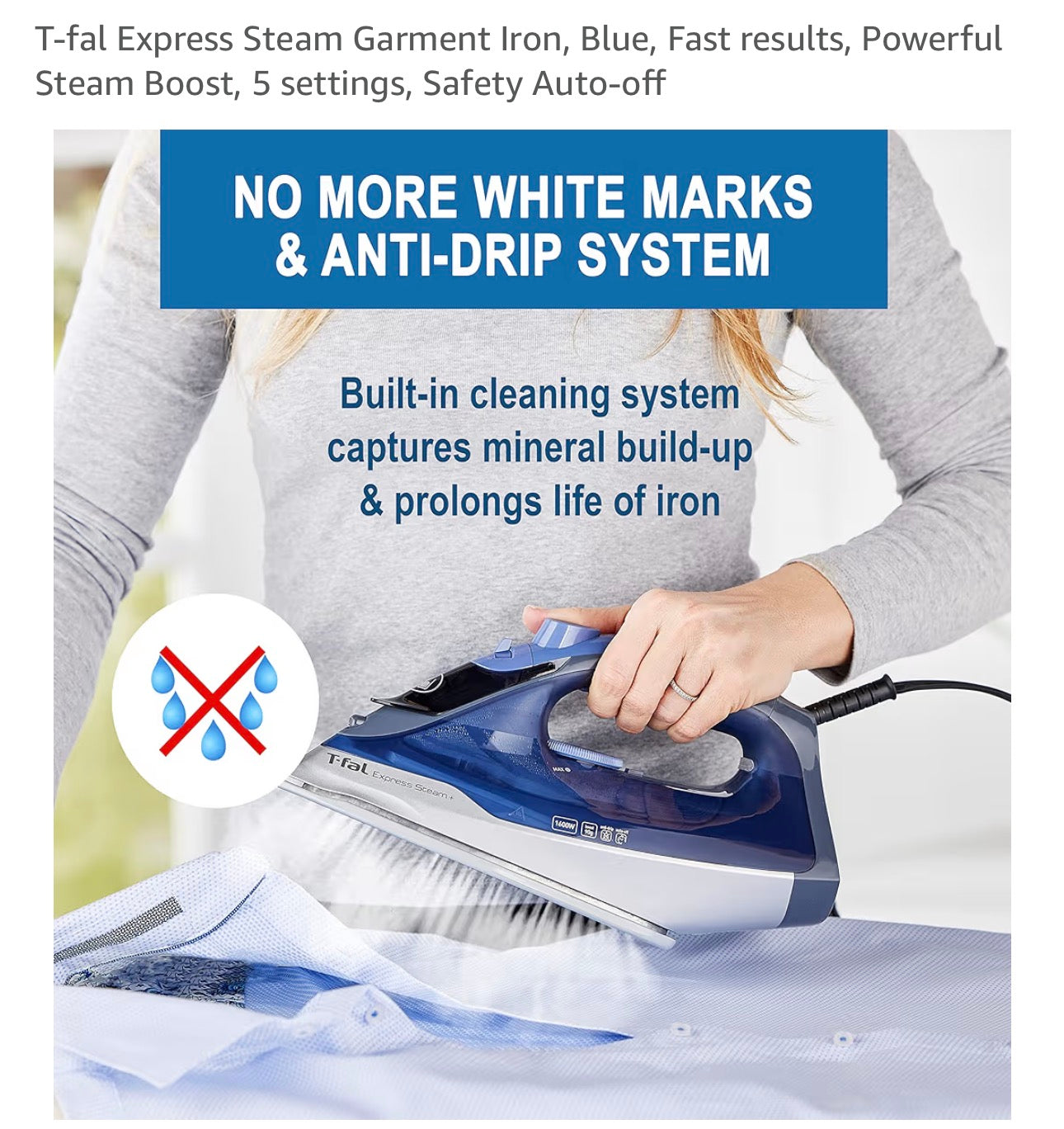 T-fal Express Steam Garment Iron, Blue, Fast results, Powerful Steam Boost, 5 settings, Safety Auto-off