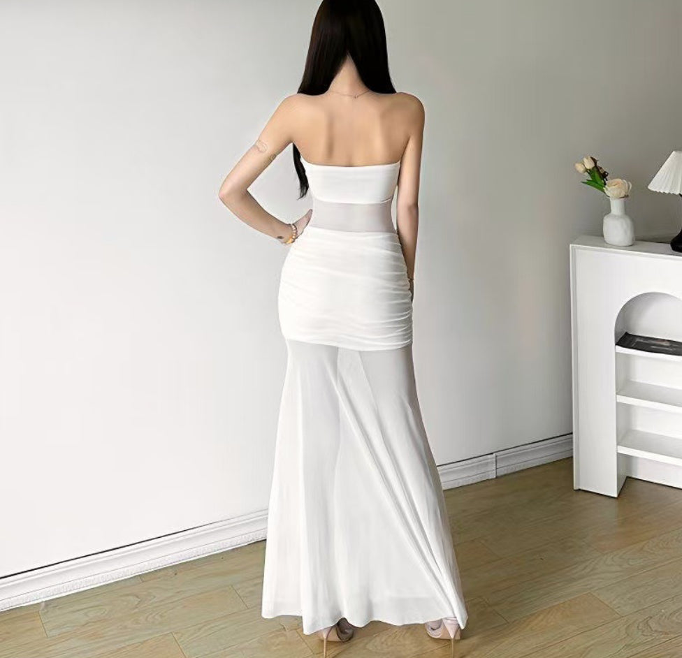 3D Rose Mesh Stitching Tube Top Dress – Elegant Floral Sculpted Eveningwear