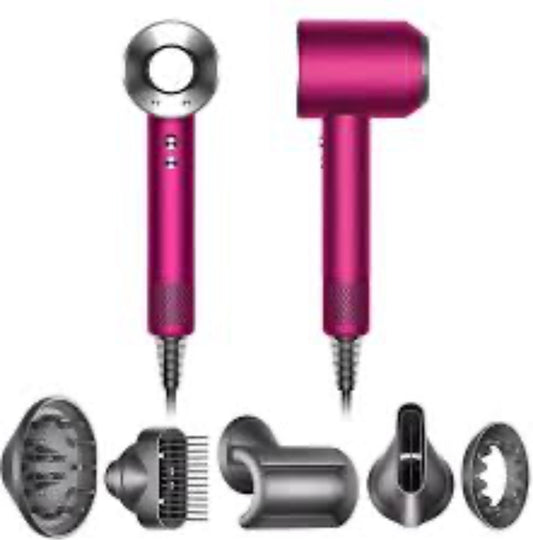 The Dyson Supersonic hair dryer shown in the image (Fuchsia/Nickel color)