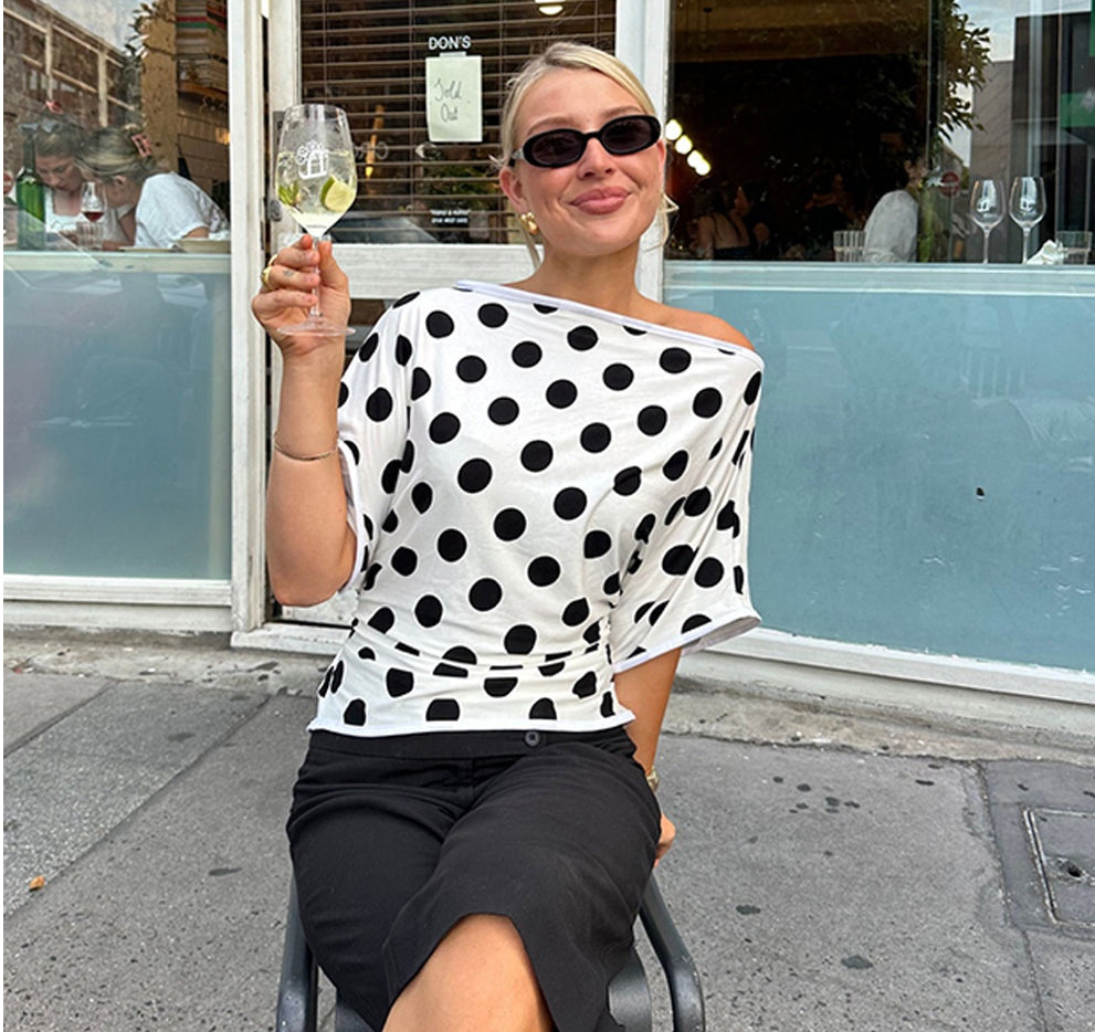 Women's Polka Dot Top Elegant Slant Shoulder