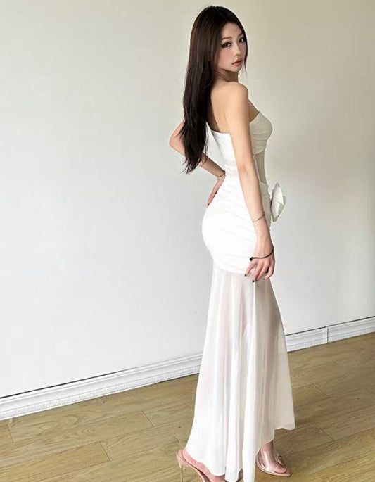 3D Rose Mesh Stitching Tube Top Dress – Elegant Floral Sculpted Eveningwear