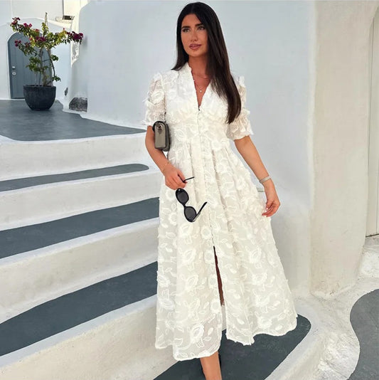 Hollywood-Inspired White Embroidered V-Neck Puff Sleeve Dress – Elegant Vintage Glamour for Women