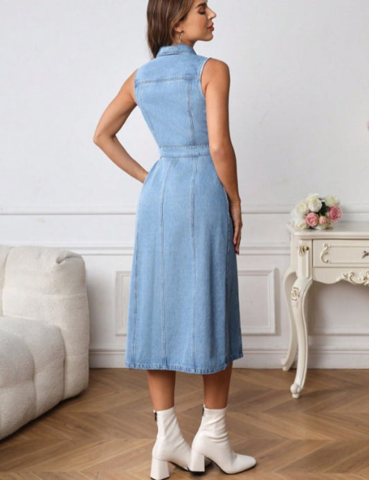 Ice Blue Denim Dress - Polo Collar Slim Fit