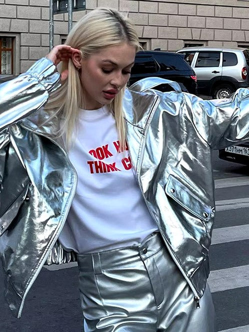 European Metallic Colour Fashion Turn-down Bomber Jackets