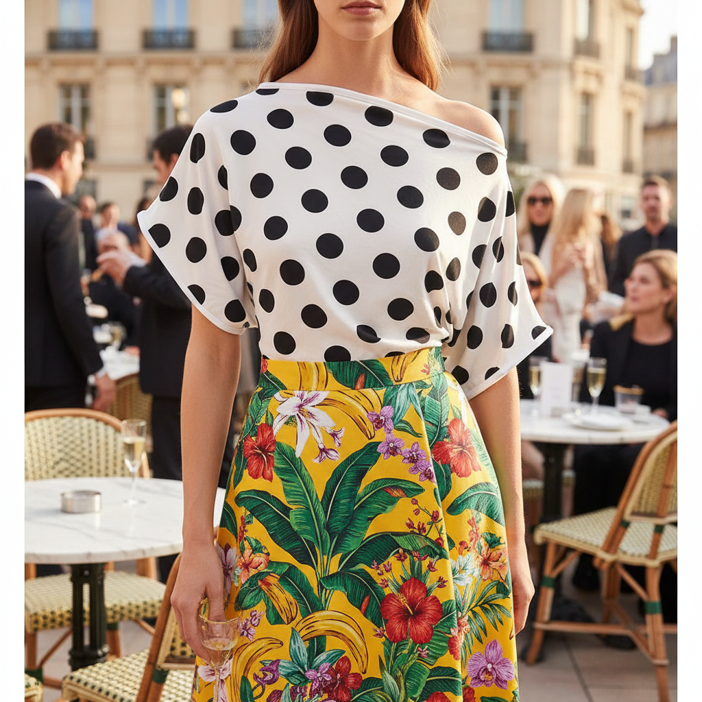 Women's Polka Dot Top Elegant Slant Shoulder