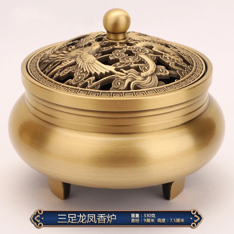 Beautiful Dragon and Phoenix Carved Copper Incense Burner. Crafted from high-quality brass