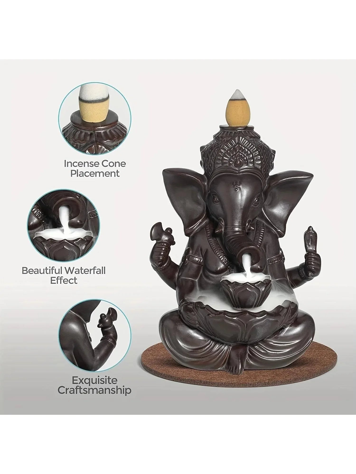 Ganesha Waterfall Incense Burner, Ceramic Backflow Censer Incense Holder, Yoga Aromatherapy Elephant Ornament Home Decor