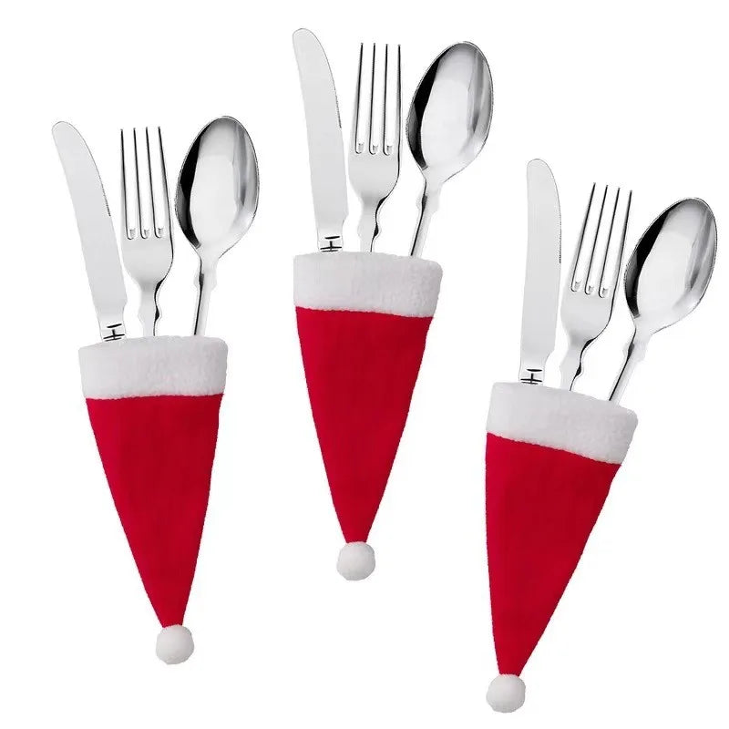 Merry Christmas; Christmas Tableware Bag Holder Christmas Hat Fork Knife Cutlery Bag Christmas Decorations for Home