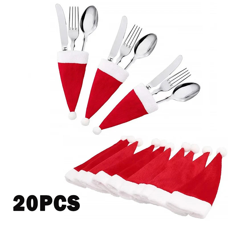 Merry Christmas; Christmas Tableware Bag Holder Christmas Hat Fork Knife Cutlery Bag Christmas Decorations for Home