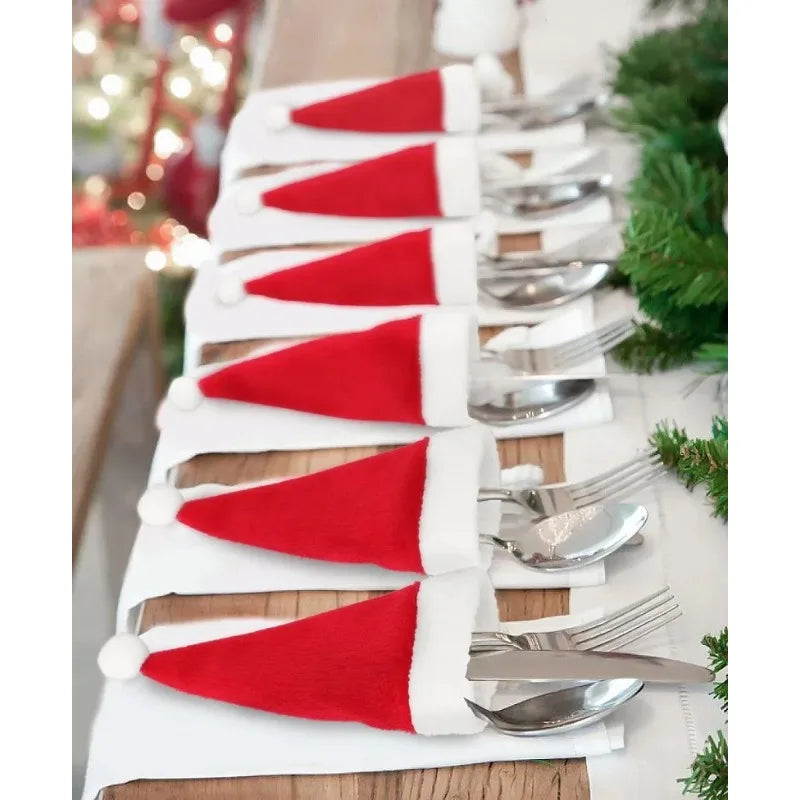 Merry Christmas; Christmas Tableware Bag Holder Christmas Hat Fork Knife Cutlery Bag Christmas Decorations for Home