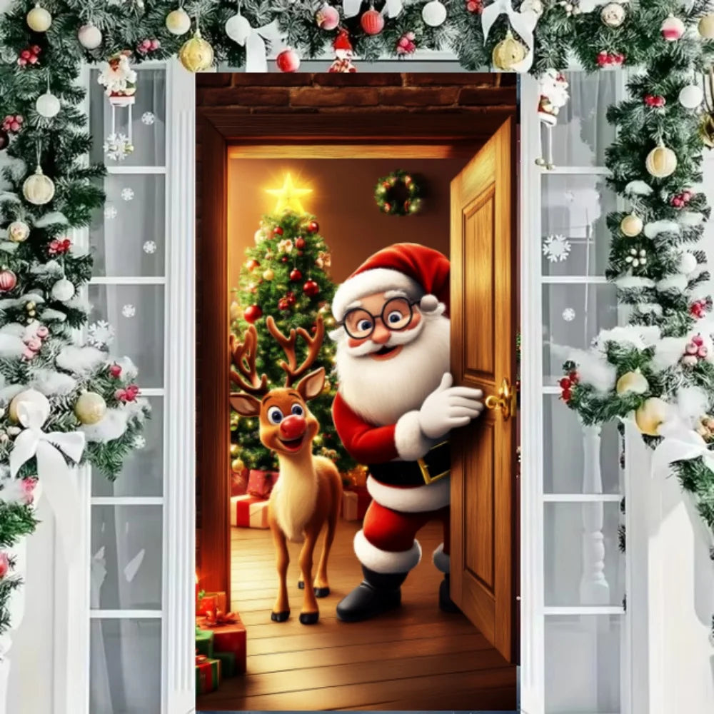 Christmas Door Cover Merry Christmas Background Banner Xmas Fabric Door Banner Photography Hanging Cover Photo Booth Props Decor