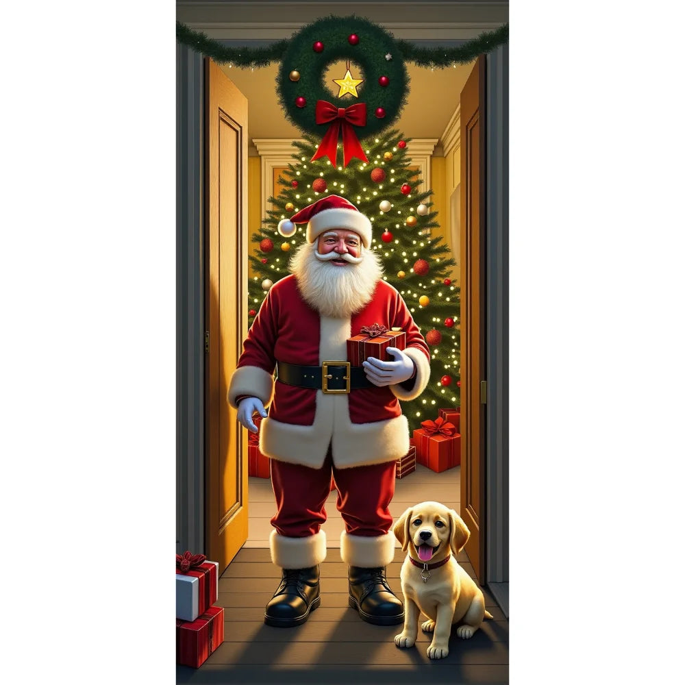 Santa Claus Christmas Tree Door Cover -185x90cm Festive Holiday Decoration Versatile Hanging for Entrance and Room