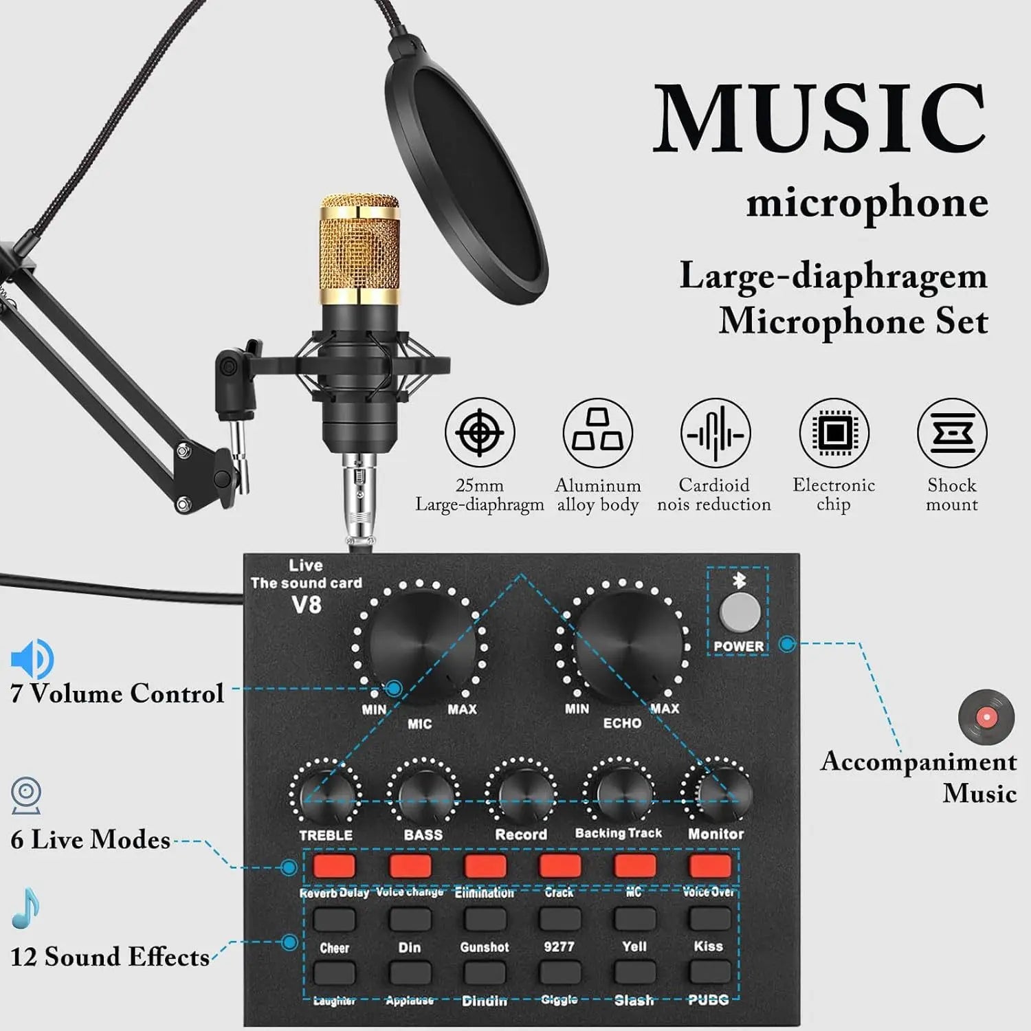 BM800 V8 Sound Card Kits Professional Audio Mixer Condenser Mic Studio Singing Microphone for Karaoke Podcast Recording Live