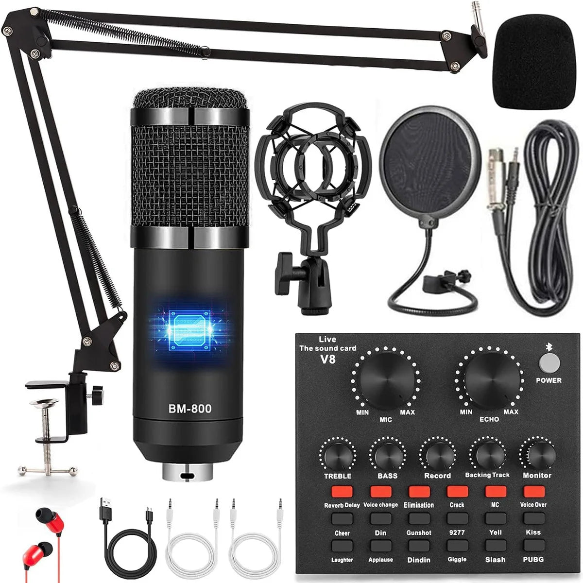 BM800 V8 Sound Card Kits Professional Audio Mixer Condenser Mic Studio Singing Microphone for Karaoke Podcast Recording Live