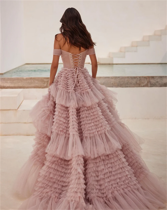Cathy Elegant Off Shoulder Tulle Prom Dress – Long Train Ball Gown Mesh Layered Evening Dress